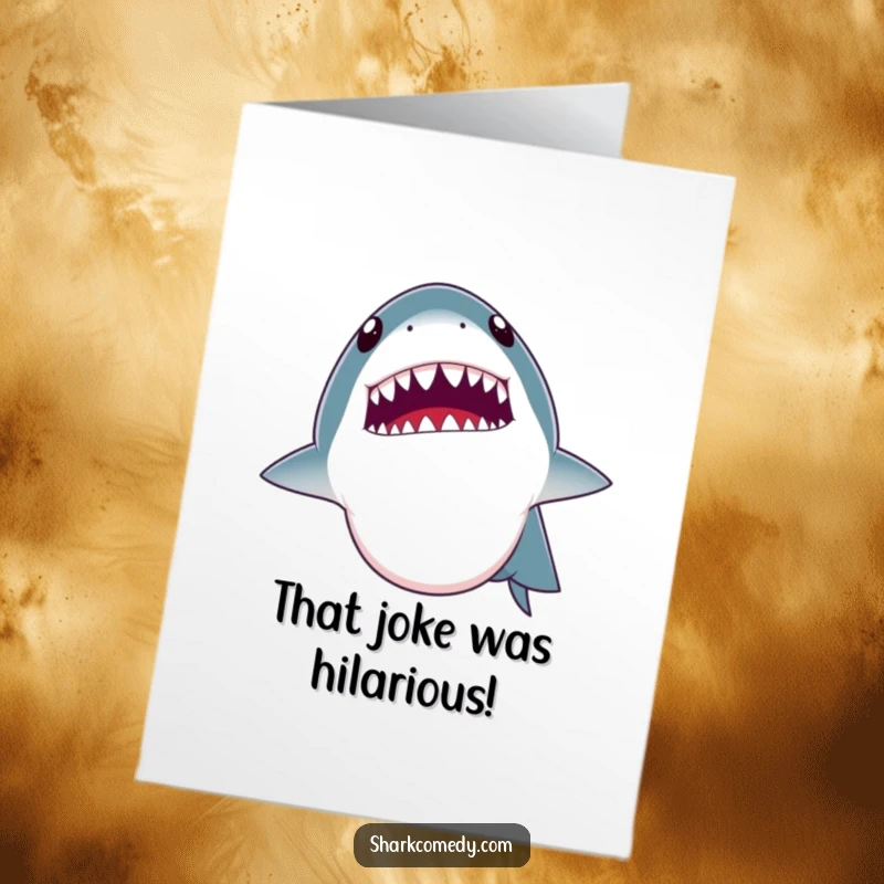 Funny Free Printable congratulations card: a shark opens its jaws wide, as if delivering a hilarious joke with tiny teeth showing.