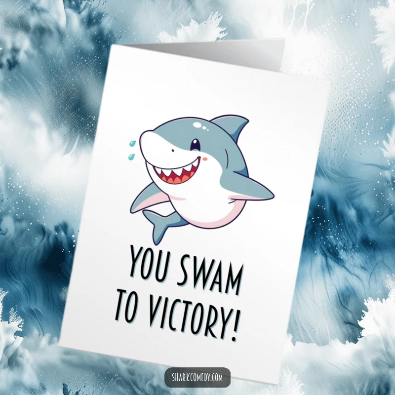Funny Free Printable Congratulations Card: a shark sprinting with incredible speed, sweat flying, and a happy, determined expression.