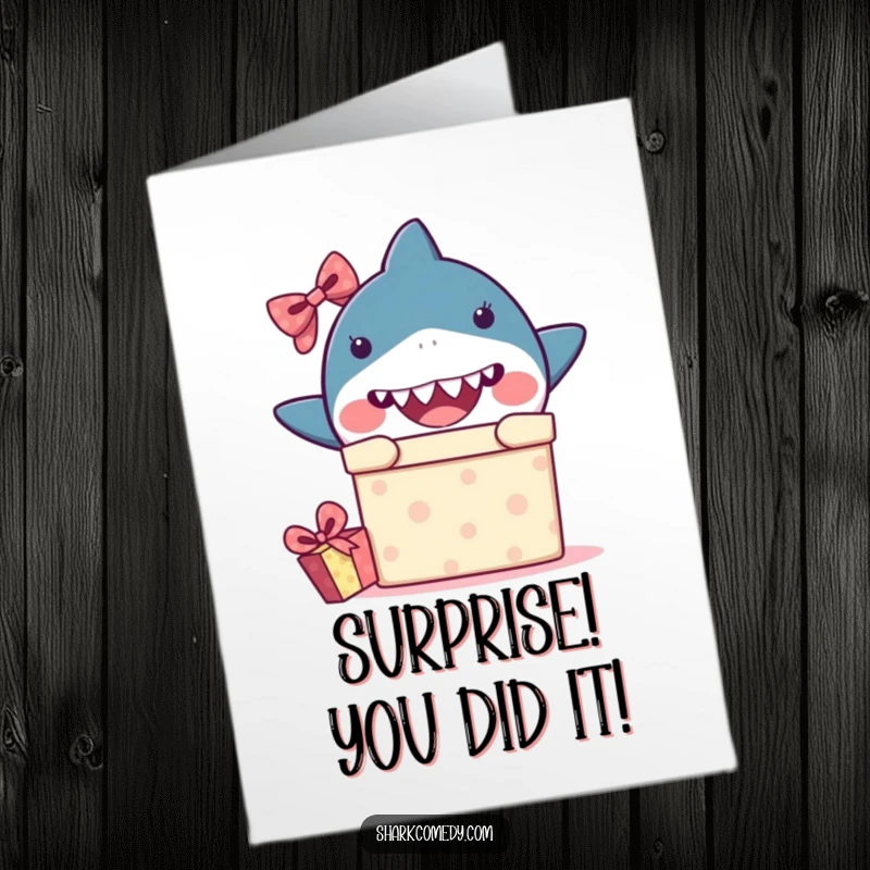 Funny Free Printable Congratulations Card: Adorable kawaii shark peeking out of a gift box, conveying surprise and celebration.