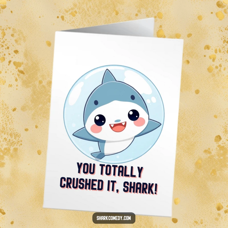 Funny Free Printable Congratulations Card: Kawaii shark peeking from behind a bubble, offering a shy but cheerful congrats.