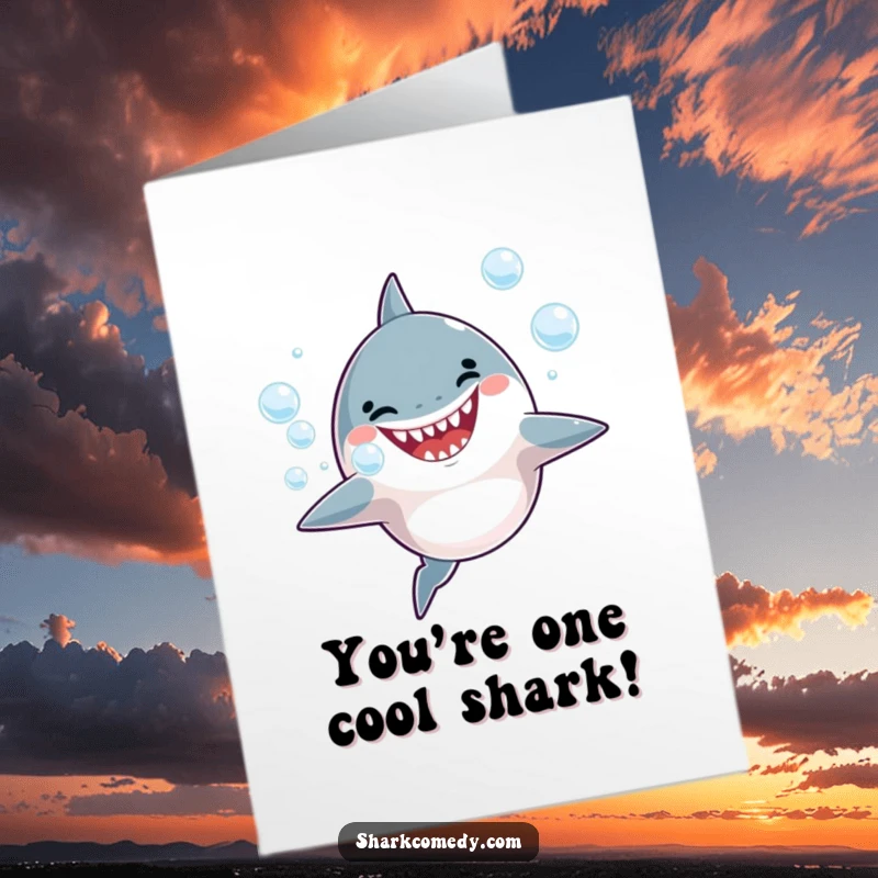 Funny Free Printable congratulations card: A cheerful shark joyfully blows a cascade of bubbles, celebrating their big achievement.