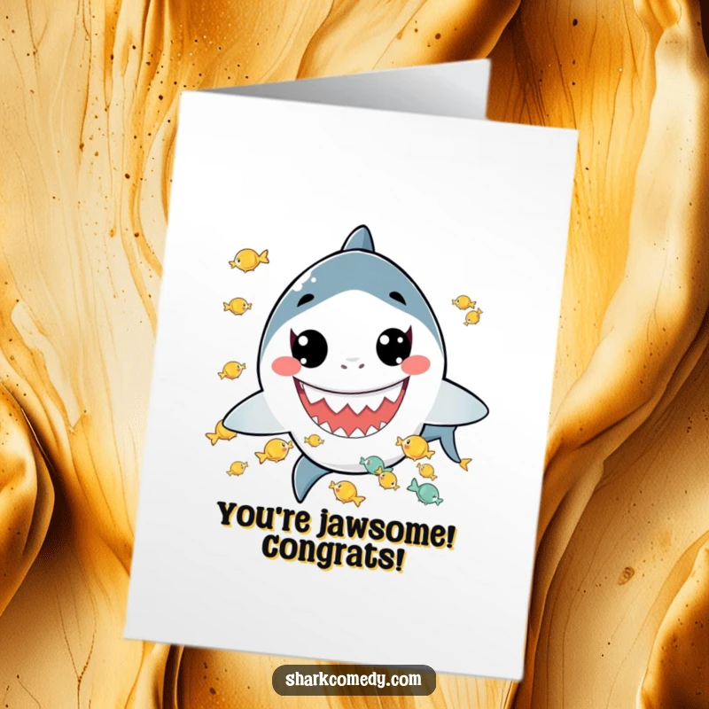 Funny Free Printable Congratulations Card: A kawaii shark with a wide grin juggling small fish, ideal for a DIY win.