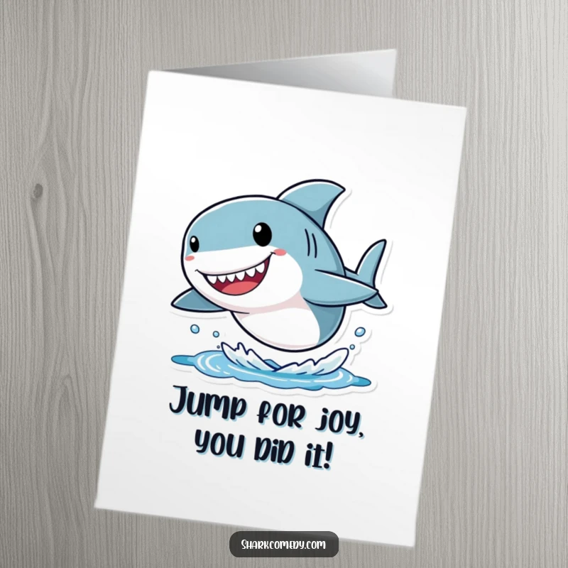 Funny Free Printable Congrats Card: Shark with a big head joyfully leaps from the water, an uplifting downloadable.