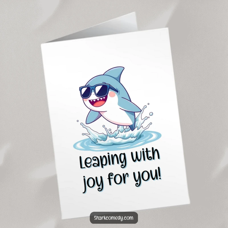 Funny Free Printable Congratulations Card: Tiny shark in sunglasses joyfully leaping from a water splash, celebrating a victory.