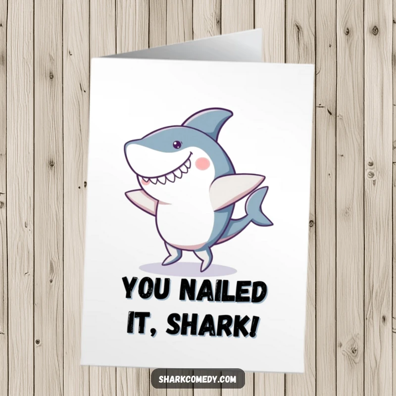 Funny Free Printable Congratulations Card featuring a shark performing a clumsy dance with a goofy smile and wobbly fins.