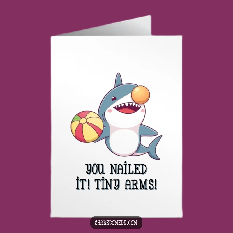 Free Printable Congrats Card: Tiny Arm Shark Beach Ball Triumph - Humorous Downloadable