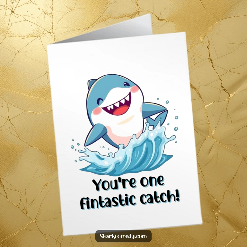 Funny Free Printable Congratulations Card showing a kawaii shark leaping enthusiastically out of splashing water, celebrating success.
