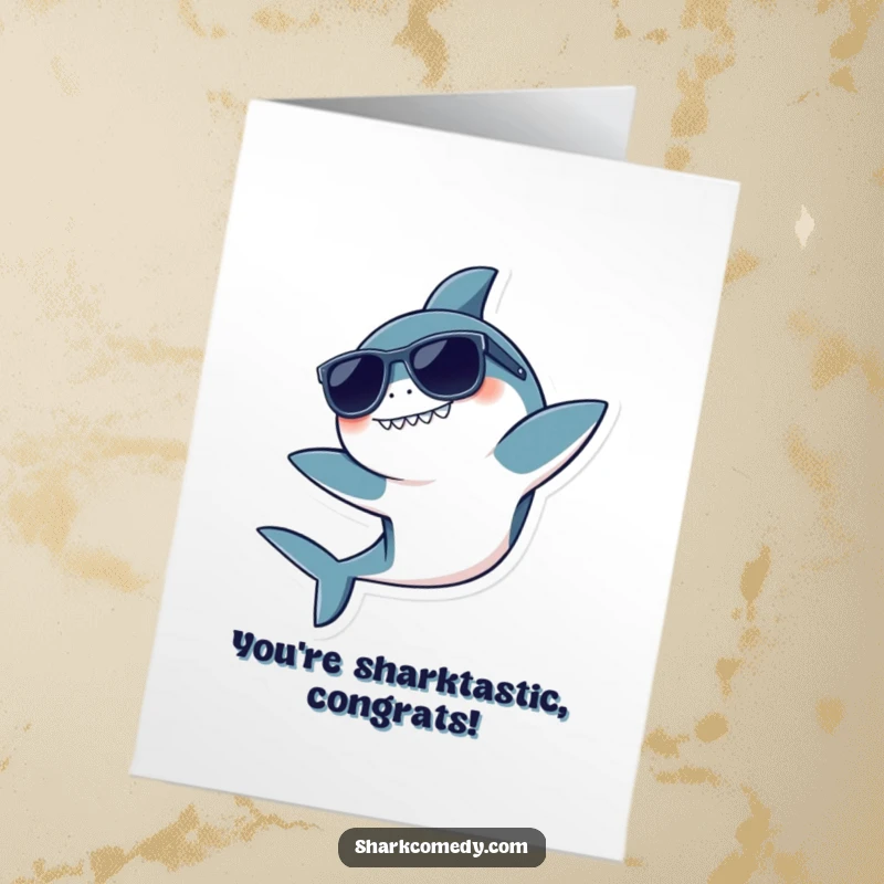 Funny Free Printable Congratulations Card: Kawaii shark wearing sunglasses flips playfully, celebrating a major win.