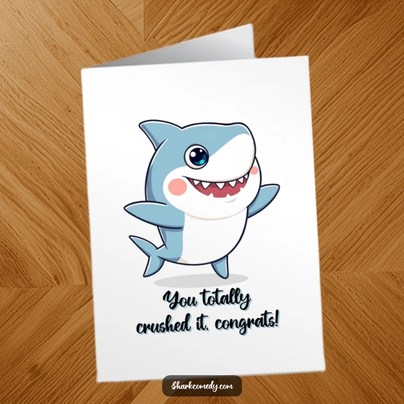 Funny Free Printable Congratulations Card: Googly Eyed Shark Performing a Joyful, Silly Dance