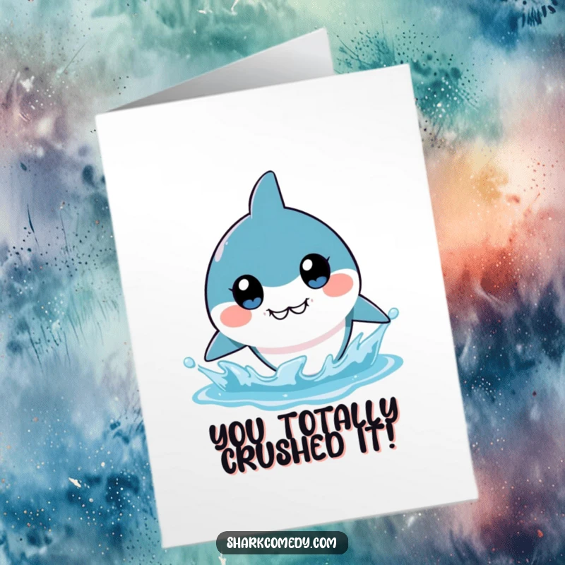 Funny Free Printable Congratulations Card: Cute kawaii shark with big eyes, preparing to splash, symbolizing a triumphant celebration.