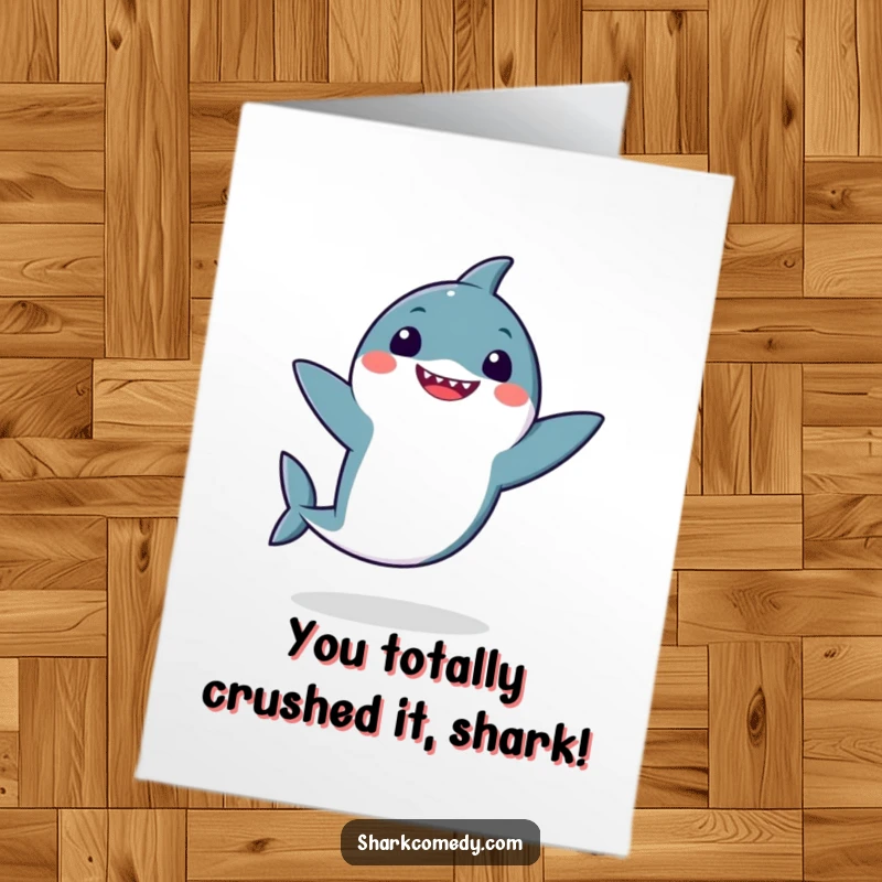 Funny Free Printable Kawaii Shark Congratulations Card, a cute shark doing a silly dance, perfect for any happy occasion.
