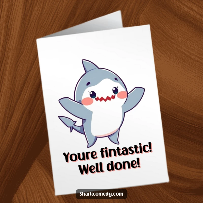 Funny Free Printable Congrats Card: A happy shark enthusiastically doing a silly dance with arms waving, celebrating a win.