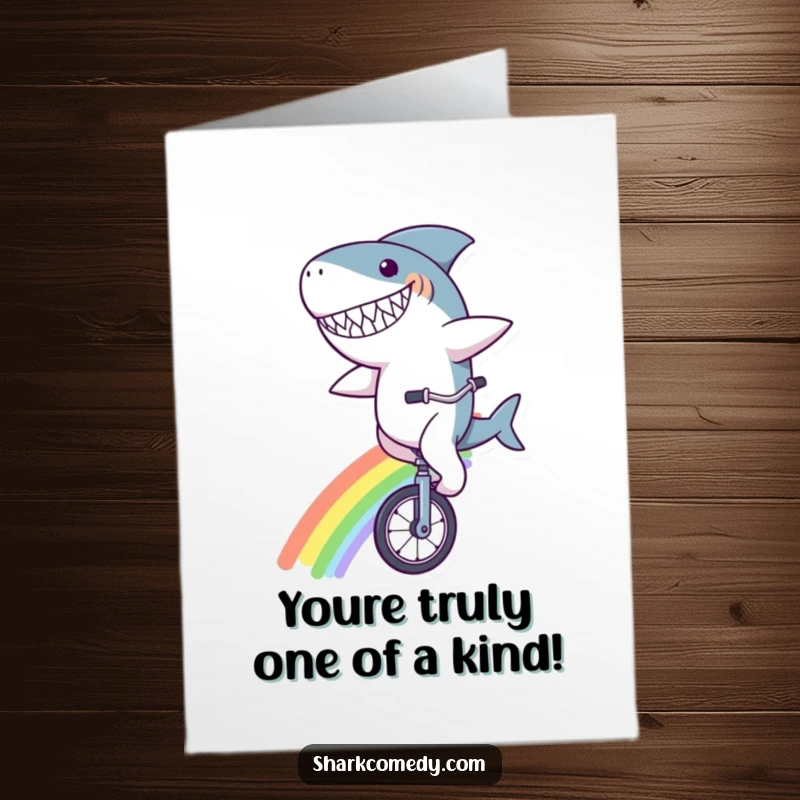 Funny Free Printable Congratulations Card: A grinning shark character skillfully riding a unicycle on a rainbow, celebrating achievement.
