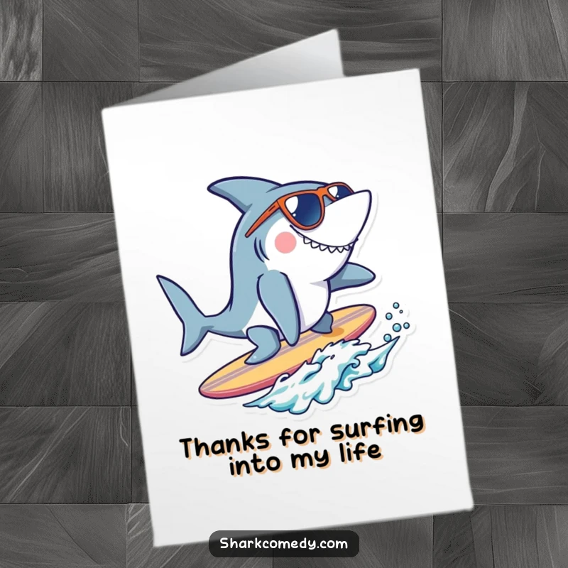 Funny Free Printable Thank You Card featuring a shark wearing sunglasses, coolly surfing on a tiny board with a chill vibe.