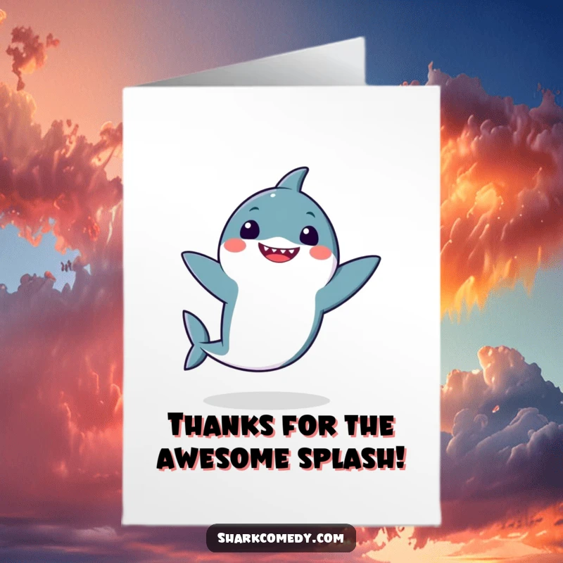 Funny Free Printable Kawaii Shark Thank You Card, a cute shark doing a silly dance, perfect for expressing thanks humorously.