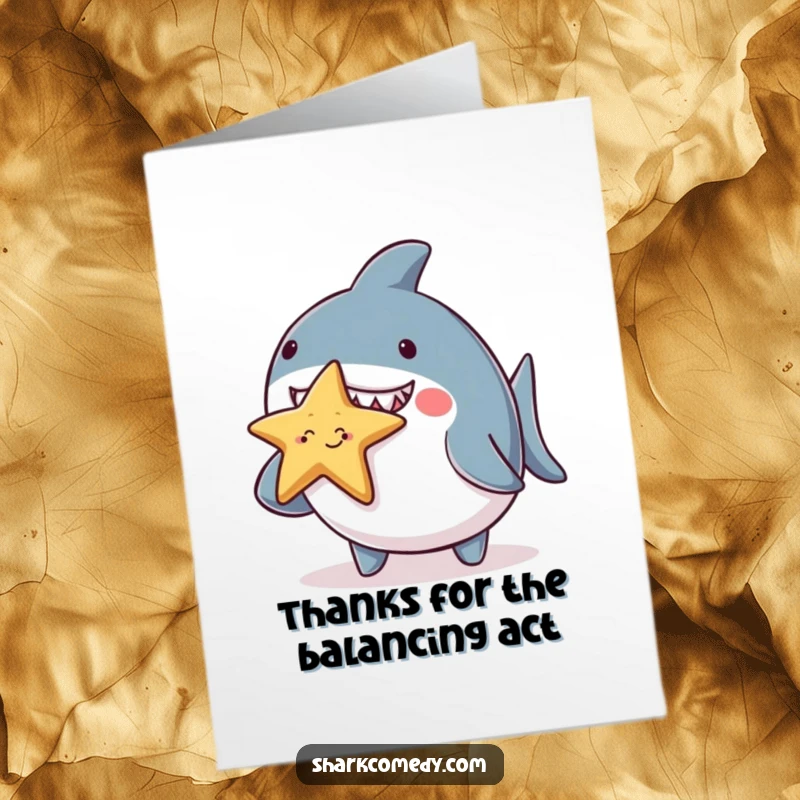 Funny Free Printable Thank You Card: A lovable chubby shark balancing a small, smiling starfish on its nose. A charming way to say thanks.
