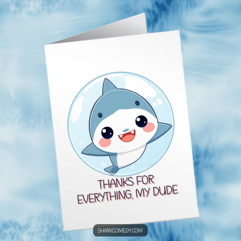 Funny Free Printable Thank You Card: Kawaii shark peeking from behind a bubble, with a grateful grin and a thank you message.