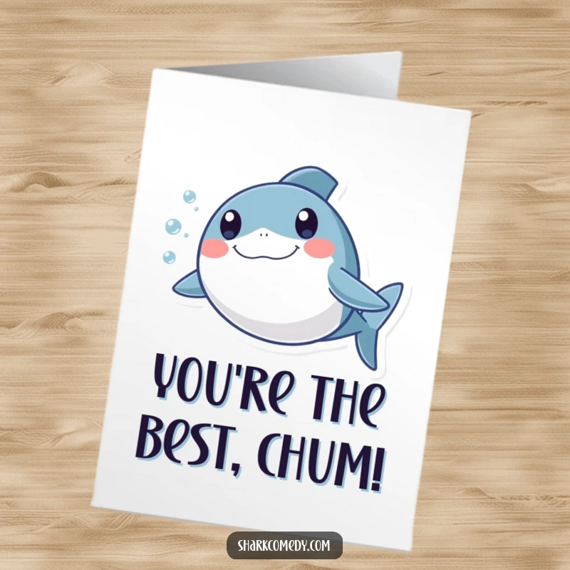 Funny Free Printable Thank You Card: A round shark with excited eyes swimming merrily, leaving a trail of bubbles to say thanks, DIY gift.
