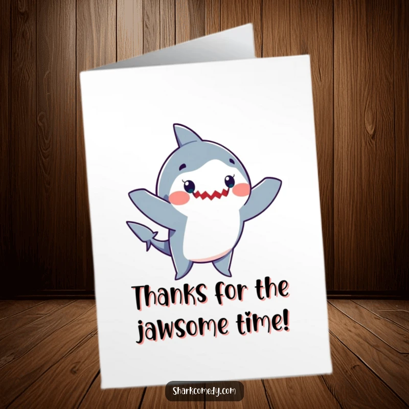 Funny Free Printable Thank You Card: A shark enthusiastically waves its arms, performing a hilariously joyful dance to express thanks.