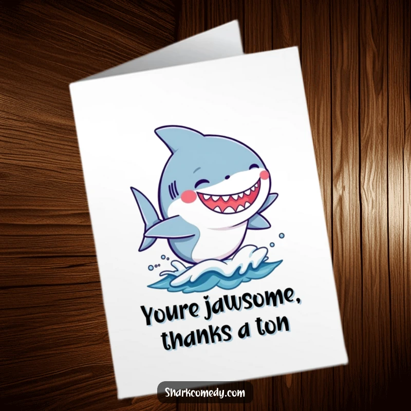 Funny Free Printable Thank You Card: A kawaii shark with a silly grin surfs a wave, sending thanks.