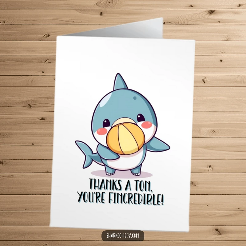 Funny Free Printable Thank You Card featuring a whimsical kawaii shark with a beach ball balanced on its nose, expressing thanks.