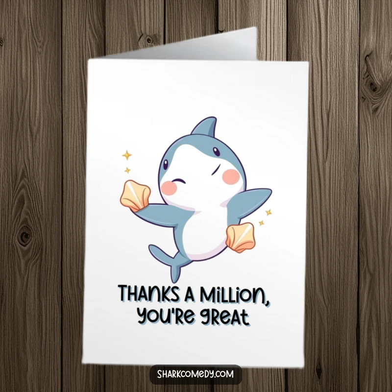 Funny Free Printable Thank You Card: A shark winks playfully while juggling three shiny seashells, conveying thanks with underwater charm.