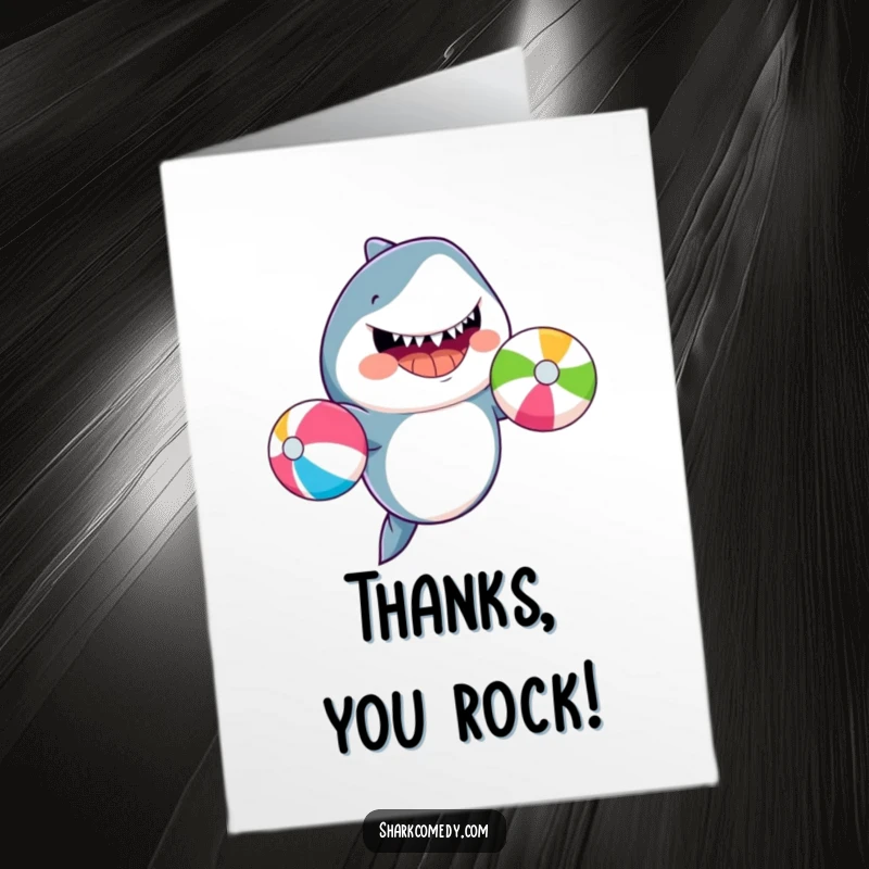 Funny Free Printable Thank You Card of a smiling shark juggling three colorful beach balls with enthusiasm.