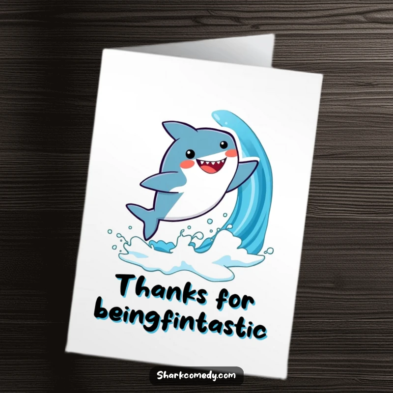 Funny free printable thank you card: A kawaii shark leaping joyfully out of a blue wave, conveying thanks.