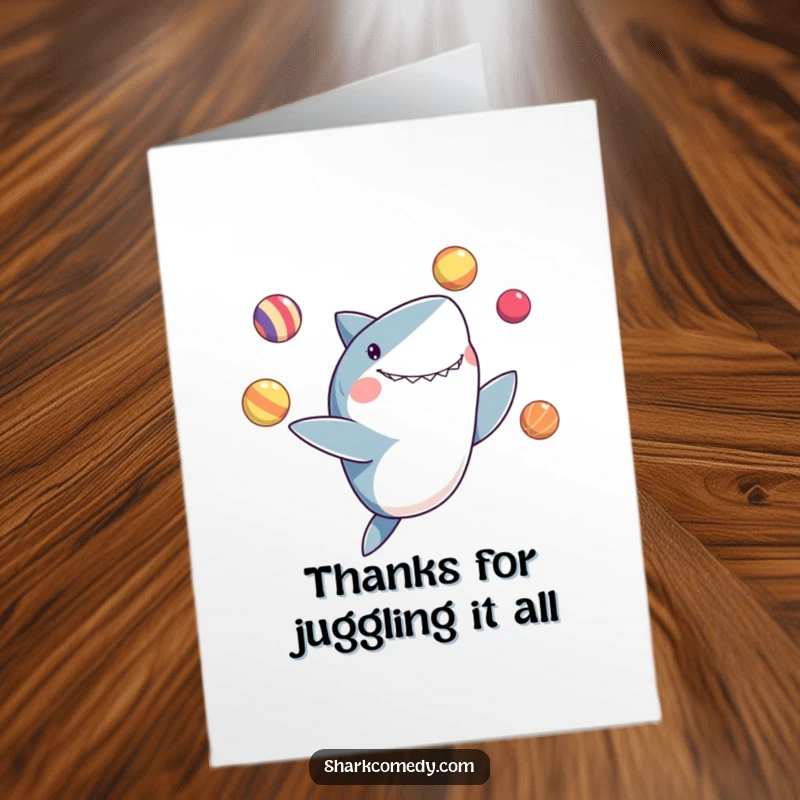 Funny Free Printable Thank You Card: A delighted shark juggling colorful balls, expressing deep thanks. A fantastic downloadable DIY gift.