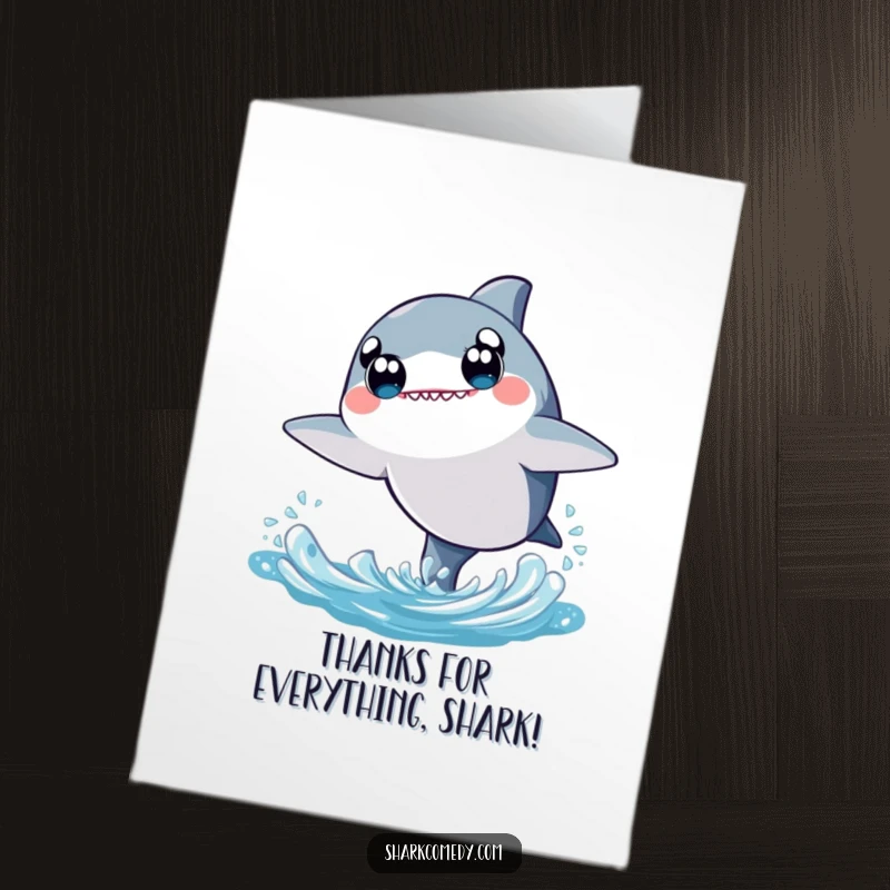 Cute Free Printable Thank You Card: A charming kawaii shark with big eyes joyfully leaps from the water, conveying thanks.