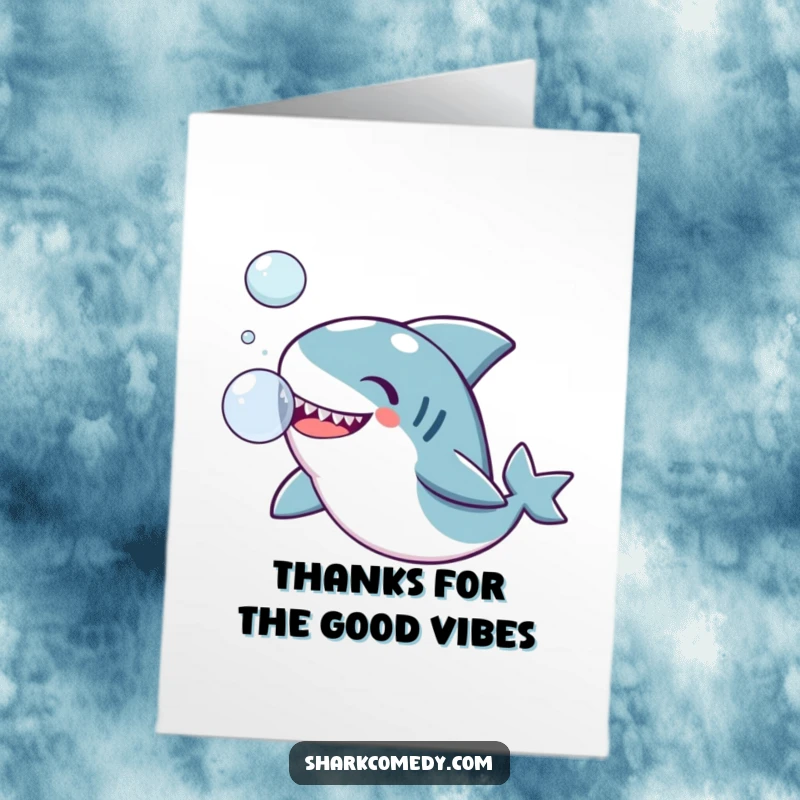 Funny Free Printable Thank You Card featuring a kawaii shark joyfully playing with a bubble, perfect for expressing thanks.