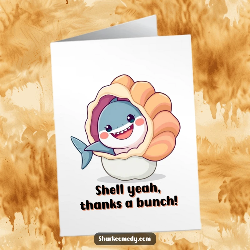 Funny Free Printable thank you card: a smiling shark playfully peeks out from behind a massive, brightly colored seashell.
