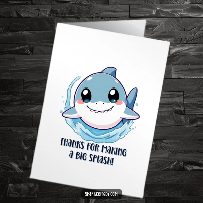 Funny Free Printable Thank You Card: Cute shark with big eyes swims rapidly, splashing water, a thankful downloadable.