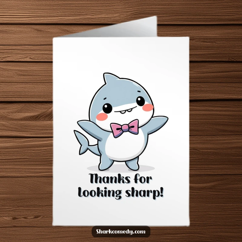 Funny Free Printable Thank You Card: Cute kawaii shark in a bow tie, performing a happy little dance to say thank you.