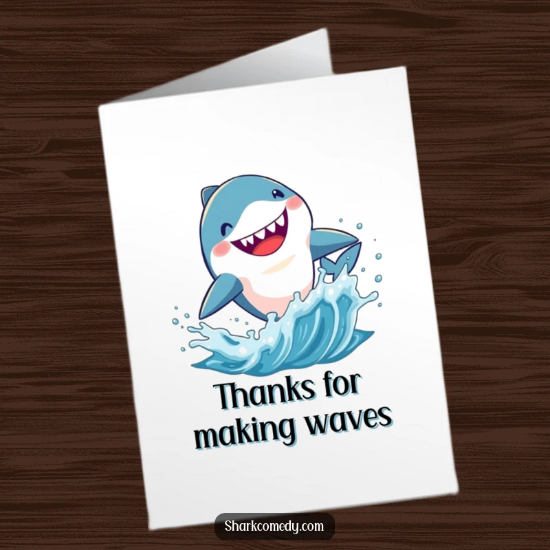 Funny Free Printable Thank You Card featuring a kawaii shark leaping enthusiastically from splashing water, expressing thanks.