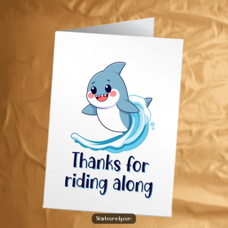 Funny Free Printable Thank You Card: A kawaii shark happily surfs a wave, sending thanks your way.