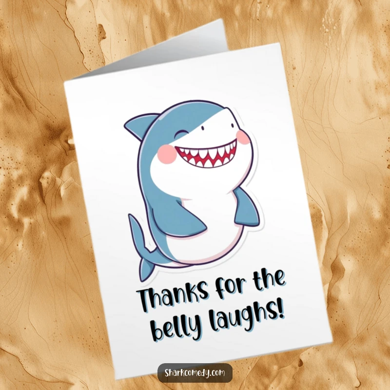 Funny Free Printable Thank You Card: A shark holding its round belly and giggling uncontrollably, perfect for a humorous thank you.