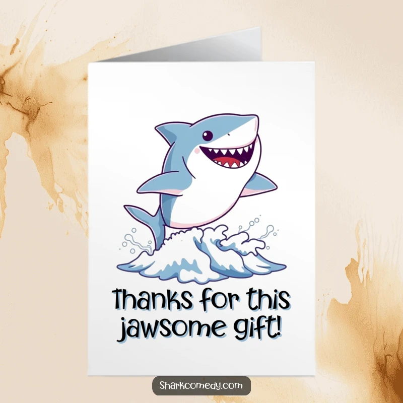 Funny Free Printable Thank You Card featuring a tiny shark leaping from a wave, its joyful grin conveying sincere thanks.
