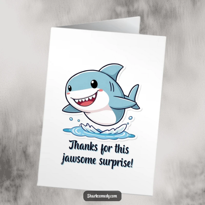 Funny Free Printable Thank You Card: Small shark with a huge head leaps happily from the water, a thankful downloadable.