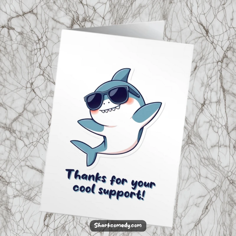 Funny Free Printable Thank You Card: Kawaii shark wearing sunglasses does a playful flip while saying thanks.