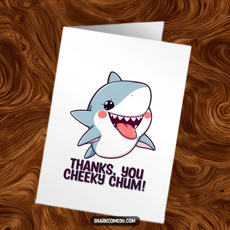 Funny Free Printable Thank You Card with a cute kawaii shark sticking its tongue out, conveying playful and humorous gratitude.