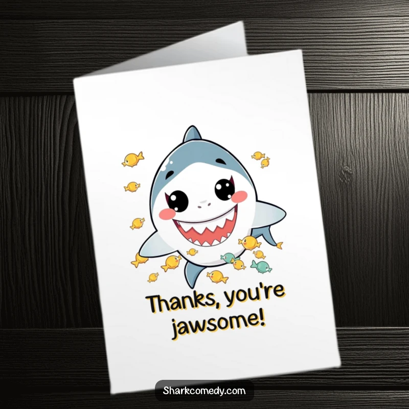 Funny Free Printable Thank You Card: A kawaii shark with a wide grin juggling tiny fish, perfect for a DIY thank you.