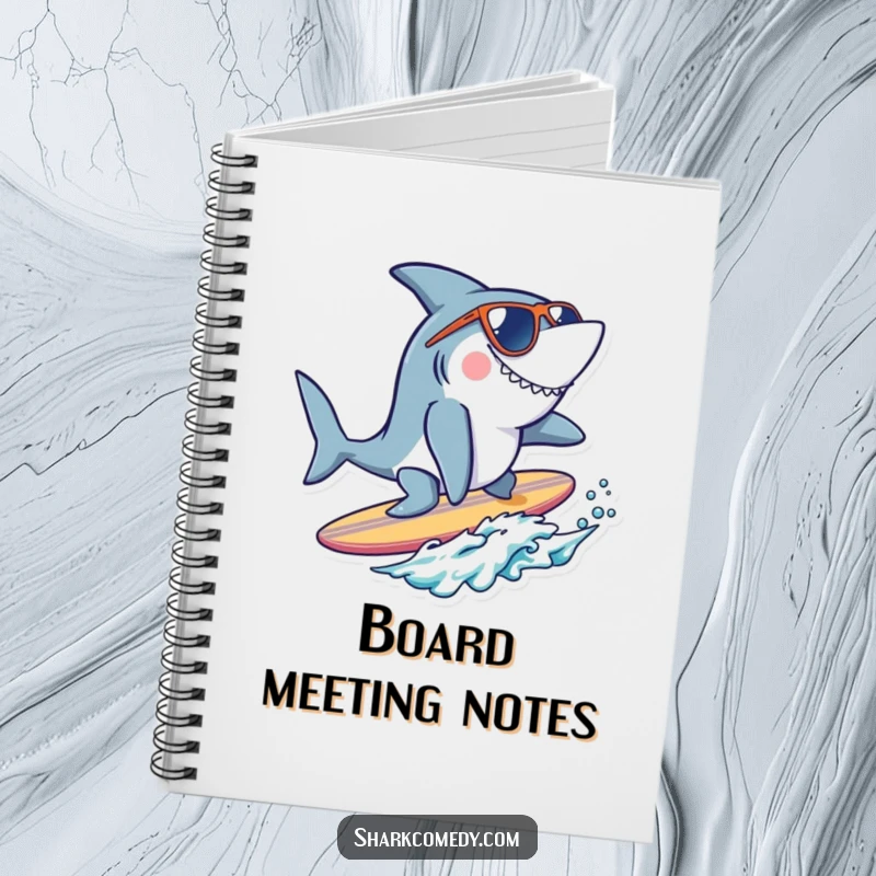 Funny cool shark notebook featuring a shark with sunglasses surfing a tiny surfboard, ideal for jotting down ideas with a cool flair.