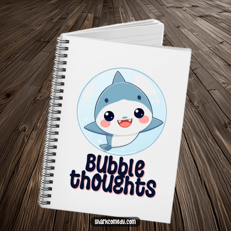 Funny kawaii shark peeking from behind a bubble on a notebook cover, designed for cute and humorous note-taking.