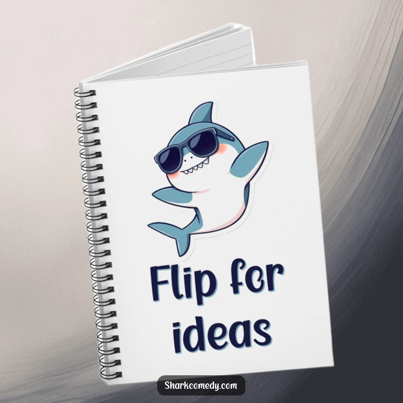 Funny notebook with a kawaii shark wearing sunglasses, doing a playful flip, perfect for jotting notes with cool humor.