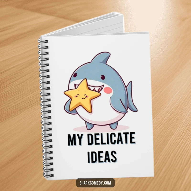 Funny chubby shark character notebook, adorably balancing a tiny smiling starfish on its nose, a cute and humorous journal for all your thoughts.