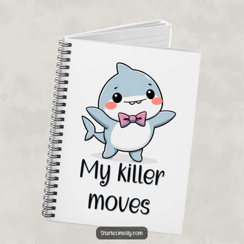 Funny kawaii shark notebook featuring a dancing shark in a bow tie, perfect for jotting down ideas with style and humor.