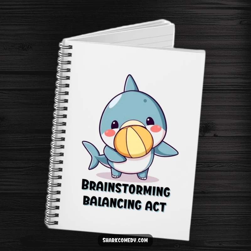 Funny kawaii shark notebook cover showing a cute shark concentrating on balancing a brightly colored beach ball on its nose.