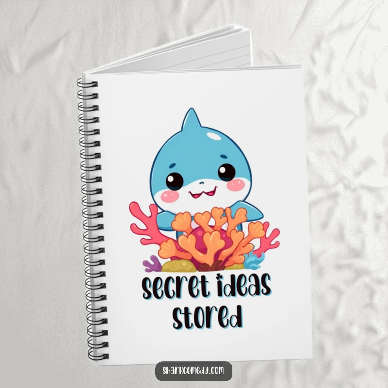 Funny Kawaii Shark Notebook: Lined notebook with a shy kawaii shark peeking from colorful coral on the cover.