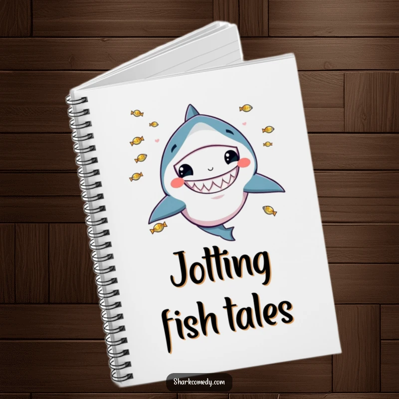 Funny notebook with a kawaii shark with a wide grin, juggling tiny fish, perfect for jotting notes with humor.